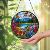 Butterfly Meadow Suncatcher: Wildflower Lake Scene Window Panel